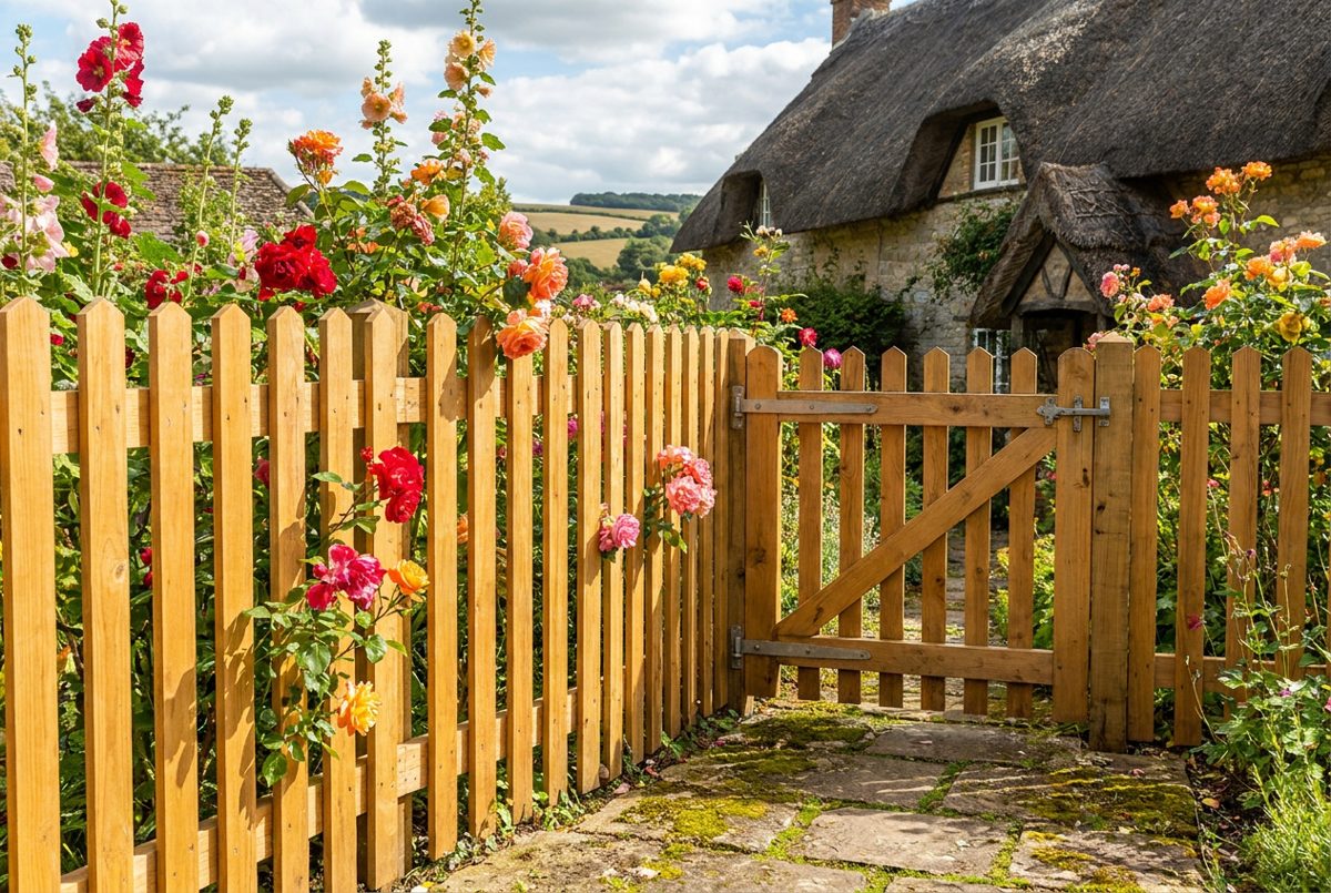 A new wooden fence and gate in a blooming cottage garden